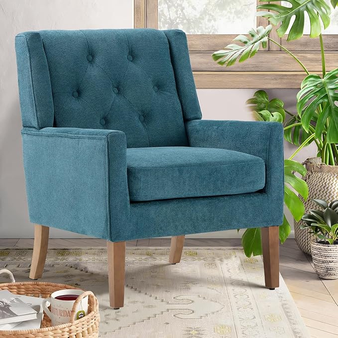COLAMY Mid-Century Accent Chairs, Modern Wingback Living Room Chair, Upholstered Armchair with Button Tufted Back and Wood Legs for Bedroom/Office/Reading Spaces, Teal - LeafyLoom