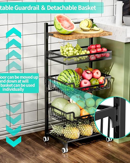 HapiRm 5 Tier Fruit Basket Kitchen Storage Cart, Adjustable Fruit and Vegetable Basket, Wooden Top Table Fruit Rack, Snack Cart with Wheels, Metal Mesh and Wire Storage Basket for Onions and Potatoes - LeafyLoom
