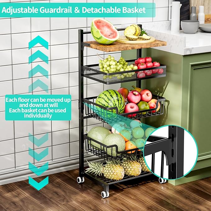 HapiRm 5 Tier Fruit Basket Kitchen Storage Cart, Adjustable Fruit and Vegetable Basket, Wooden Top Table Fruit Rack, Snack Cart with Wheels, Metal Mesh and Wire Storage Basket for Onions and Potatoes - LeafyLoom