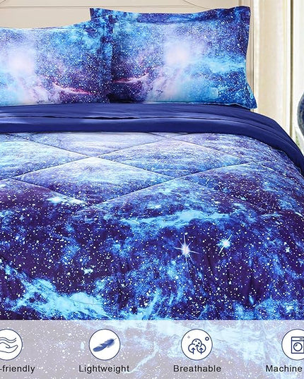 Wowelife Galaxy Bedding Twin Outer Space Comforter Set 5 Pieces Blue Cosmic Galaxy Bed Set Kids Bed in A Bag Twin for Teen Boys and Girls with Comforter, Flat Sheet, Fitted Sheet and 2 Pillowcases - LeafyLoom