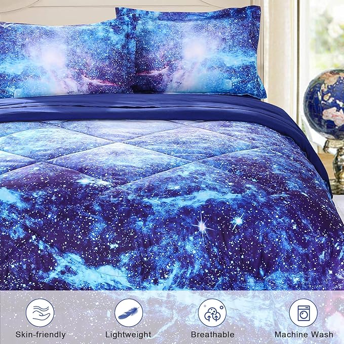 Wowelife Galaxy Bedding Sets for Girls and Boys 5-Piece Queen Size, Premium 3D Outer Space Galaxy Comforter Set Blue, Comfortable and Soft for Kids and Adults(Queen-5 Piece, Blue Galaxy) - LeafyLoom
