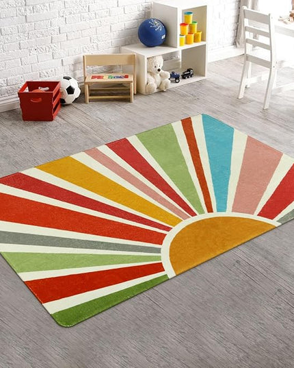 Boho Washable Rug 3'x5' Rug Kids Area Rug for Playroom, Colorful Kids Rug for Bedroom, Non-Slip Throw Sun Carpet Soft Small Sunshine Rug for Office Nursery Entryway Dorm - LeafyLoom