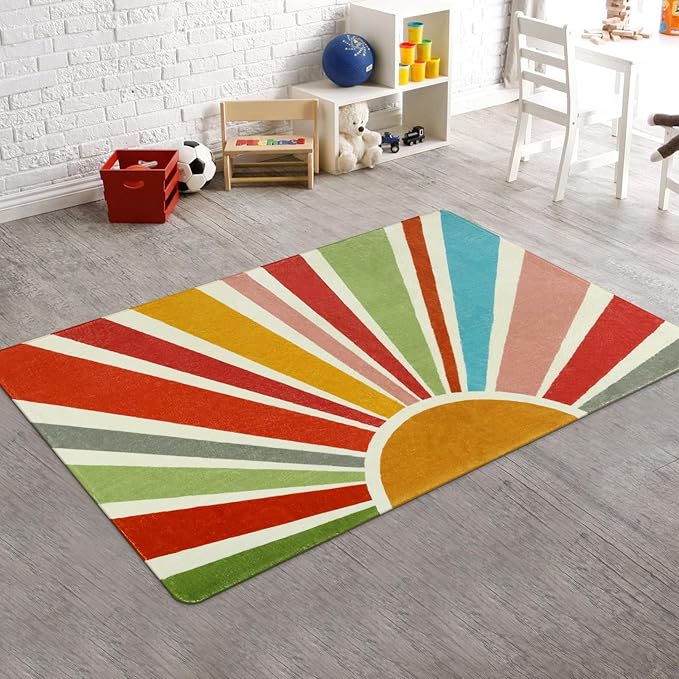 Boho Washable Rug 3'x5' Rug Kids Area Rug for Playroom, Colorful Kids Rug for Bedroom, Non-Slip Throw Sun Carpet Soft Small Sunshine Rug for Office Nursery Entryway Dorm - LeafyLoom