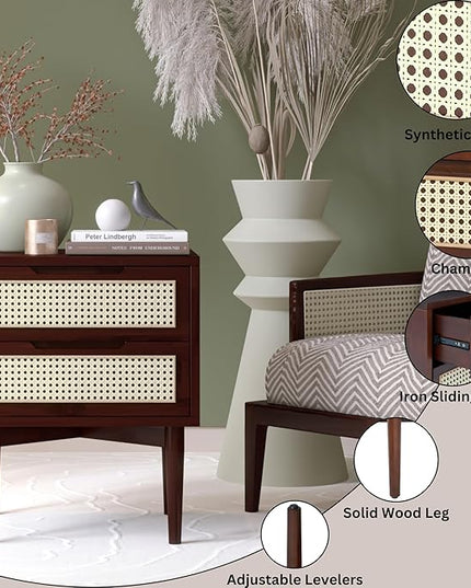Bme Nightstand Oliver Solid Wood Rattan Side End Table, Fully Assembled, for Bohemian & Mid Century Style Bedroom and Living Room, Walnut - LeafyLoom