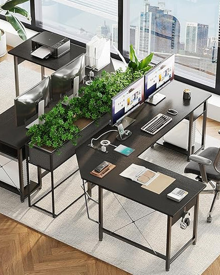 Coleshome L Shaped Computer Desk 66" with Power Outlet & Storage Shelves, Corner Sturdy Writing Desk Workstation, Modern Wooden Office Gaming Desk, Wood & Metal, Black - LeafyLoom
