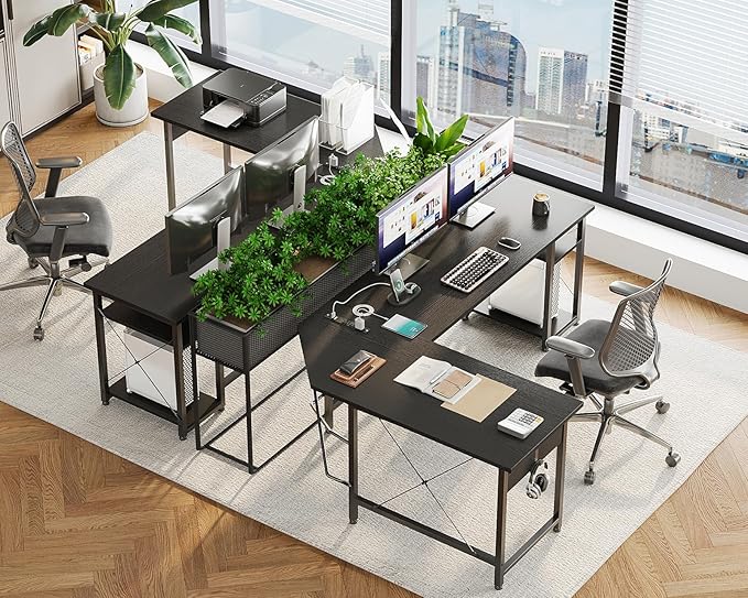 Coleshome L Shaped Computer Desk 66" with Power Outlet & Storage Shelves, Corner Sturdy Writing Desk Workstation, Modern Wooden Office Gaming Desk, Wood & Metal, Black - LeafyLoom
