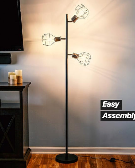 Brightech Robin LED Floor Lamp, Industrial Tree Lamp for Living Rooms & Offices, Tall Lamp with 3 Cages Heads & Vintage Edison Bulbs, Rustic Standing Lamp for Reading, and Tall Lamp for Crafts - Black - LeafyLoom