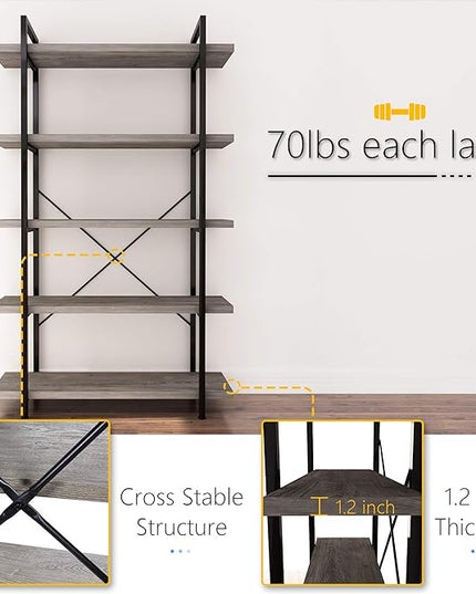 45MinST 5-Tier Vintage Industrial Style Bookcase/Metal and Wood Bookshelf Furniture for Collection, Gray Oak, 3/4/5 Tier (5-Tier) - LeafyLoom
