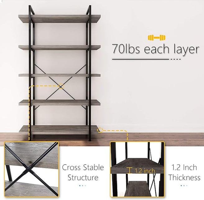 45MinST 5-Tier Vintage Industrial Style Bookcase/Metal and Wood Bookshelf Furniture for Collection, Gray Oak, 3/4/5 Tier (5-Tier) - LeafyLoom