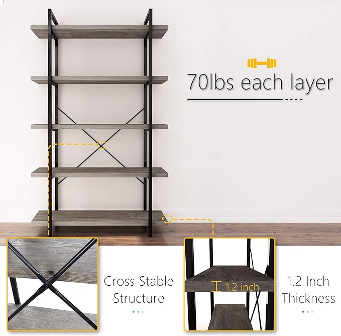 45MinST 5-Tier Vintage Industrial Style Bookcase/Metal and Wood Bookshelf Furniture for Collection, Gray Oak, 3/4/5 Tier (5-Tier) - LeafyLoom