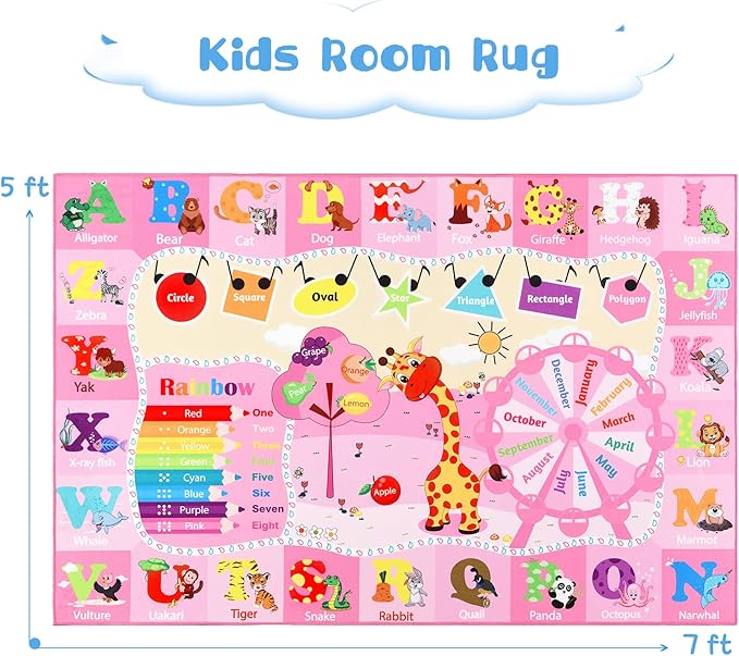 Kids Rug 5x7 Pink Rugs for Girls Bedroom Playroom Child Play Mat Educational and Fun Baby Care Rugs,Learning Rug with ABC Alphabets Animals Shapes No-Slip Carpets for Children Toddler Washable - LeafyLoom