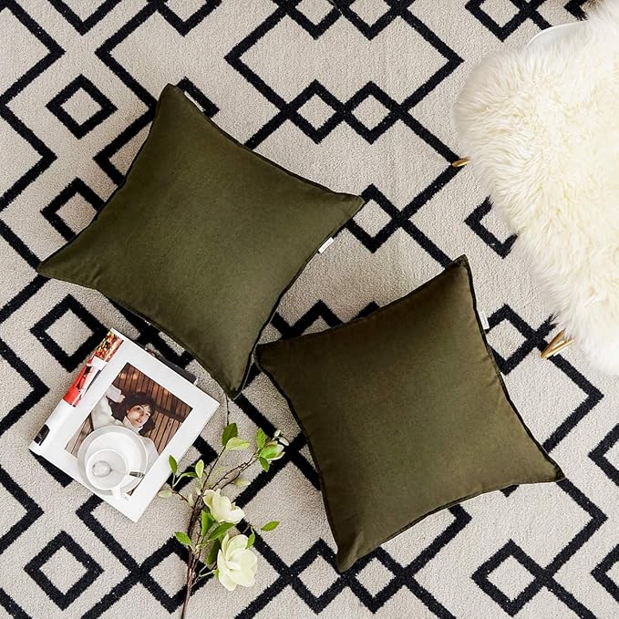 Jeanerlor 18"x18" Solid Cotton Linen Decoration Green Throw Pillow Case with Zipper Cushion Case Pillow Cover Decorative Pillowcase for Chair/Bed/Couch, (45 x 45cm),2 Packs, Olive Green - LeafyLoom