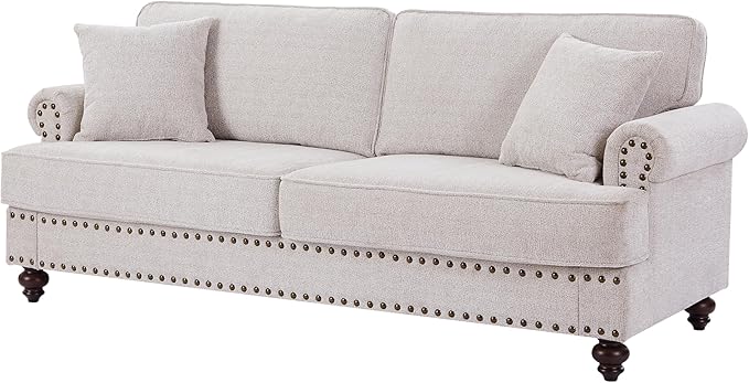 Upholstered 3-Seater Sofa with Rolled Armrest,Modern Couch with Wood Turned Legs and Nailhead Trim Design,for Living, 82" W, White - LeafyLoom