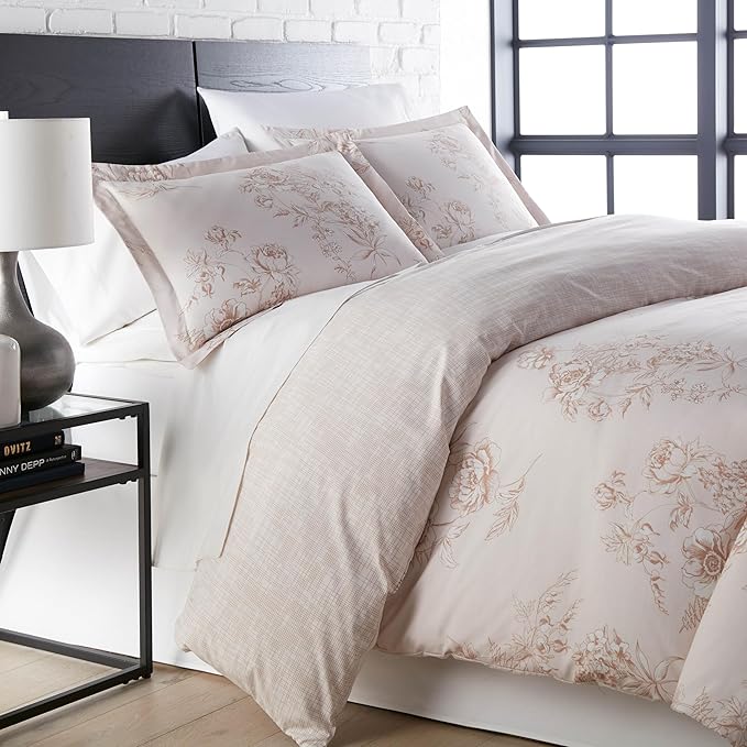 Southshore Fine Living, Inc. Twin Comforter Bedding Set, Down Alternative Floral Comforter with Matching Sham for Twin and Twin XL Beds, Reversible Print is 2 Colors in 1, Taupe & White - LeafyLoom