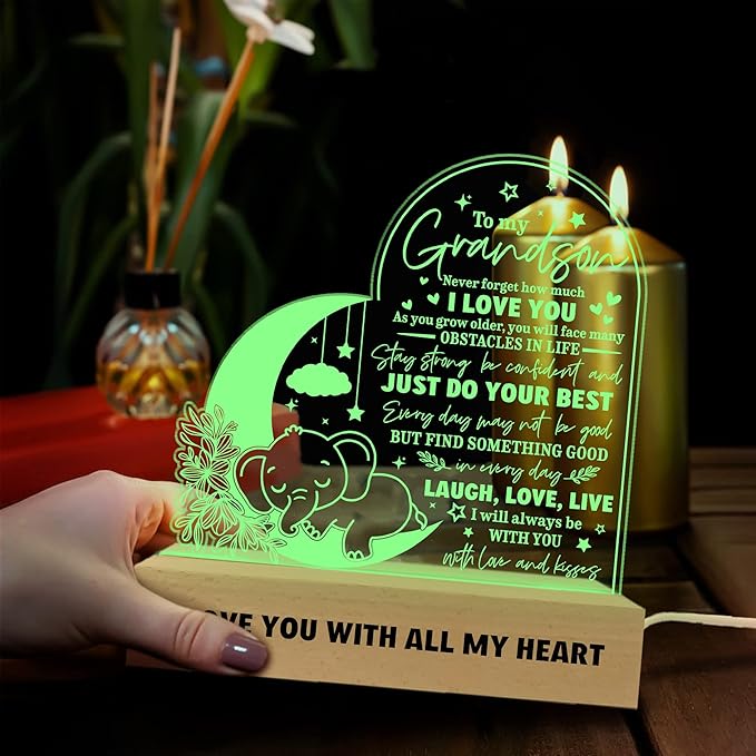 ARTSYWIX Grandson 3D Illusion Lamp w Wooden Base USB Powered Acrylic Night Light, To my Grandson Gift from Grandma & Grandpa, Son Grandson Bonus Son Boy Lamp Present, Birthday Gift Graduation Keepsake - LeafyLoom