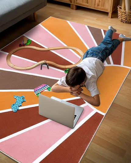 Topotdor Sun Rainbow Area Rug 4 x 6ft Boho Kids Nursery Rug, Colorful Washable Area Rug Ultra Soft Circle Classroom Rug Non-Slip for Bedroom Living Room Playroom Decor, Pink - LeafyLoom