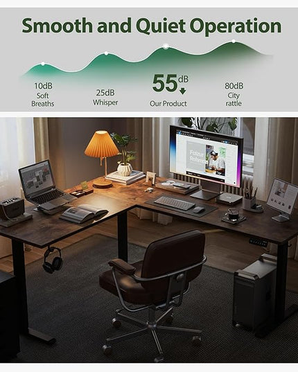 L Shaped Standing Desk Adjustable Height, Electric Corner Standing Desk, 63 x 55 inch Sit Stand Computer Table with Splice Board, Rustic Brown - LeafyLoom