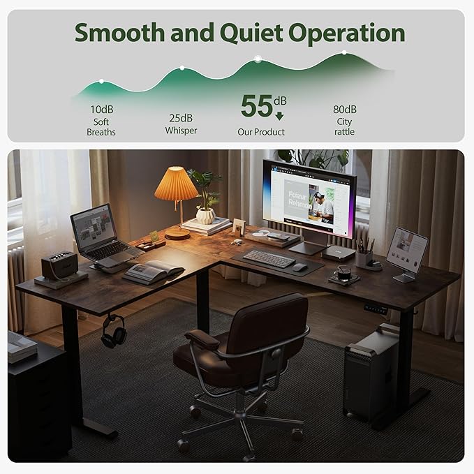 L Shaped Standing Desk Adjustable Height, Electric Corner Standing Desk, 63 x 55 inch Sit Stand Computer Table with Splice Board, Rustic Brown - LeafyLoom