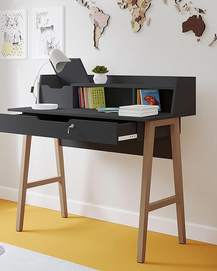 Roma Writing Desk - Elegant Wood Study Desk With Storage, Cable Holes & Drawers - Work Table for Home, Office, Dorm, Small Spaces - Compact Black Desk, 40x19x36.9” (black) - LeafyLoom