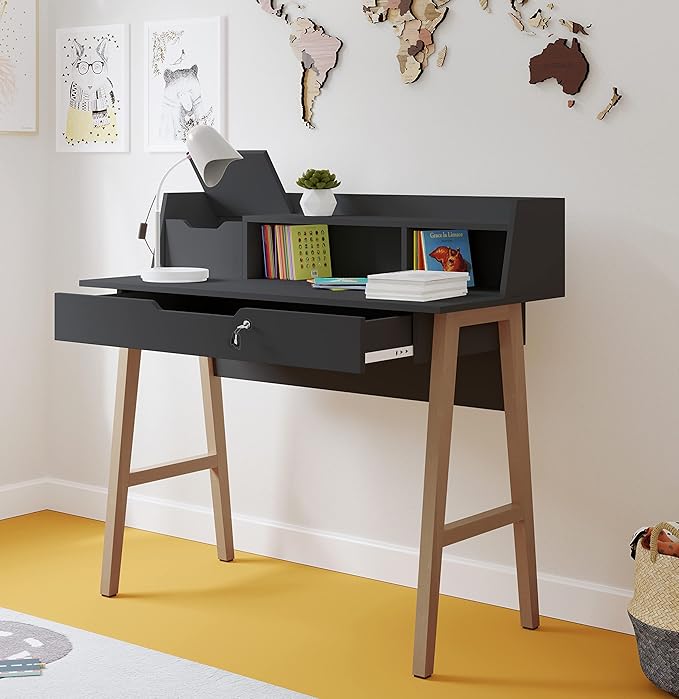 Roma Writing Desk - Elegant Wood Study Desk With Storage, Cable Holes & Drawers - Work Table for Home, Office, Dorm, Small Spaces - Compact Black Desk, 40x19x36.9” (black) - LeafyLoom