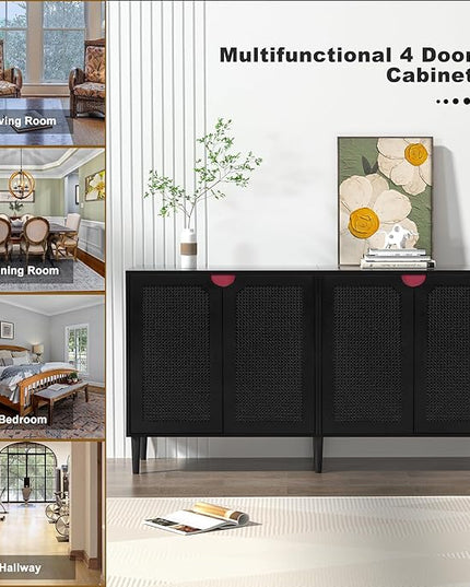 Anmytek Rattan Sideboard Buffet Cabinet with 4 Doors, Large Kitchen Storage Cabinet Black Sideboard with Adjustable Shelf Credenzas for Kitchen Living Room Hallway H0108 - LeafyLoom