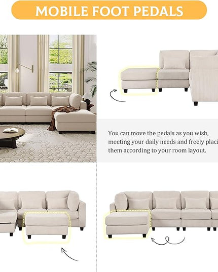 Removable comfortable Pieces Convertible Modular Sectional Movable Ottoman,Large L Shaped Corner Reversible Chaise and Waist Pillows, 5-Seat Oversized Cloud Sofas & Couches, Beige-C - LeafyLoom