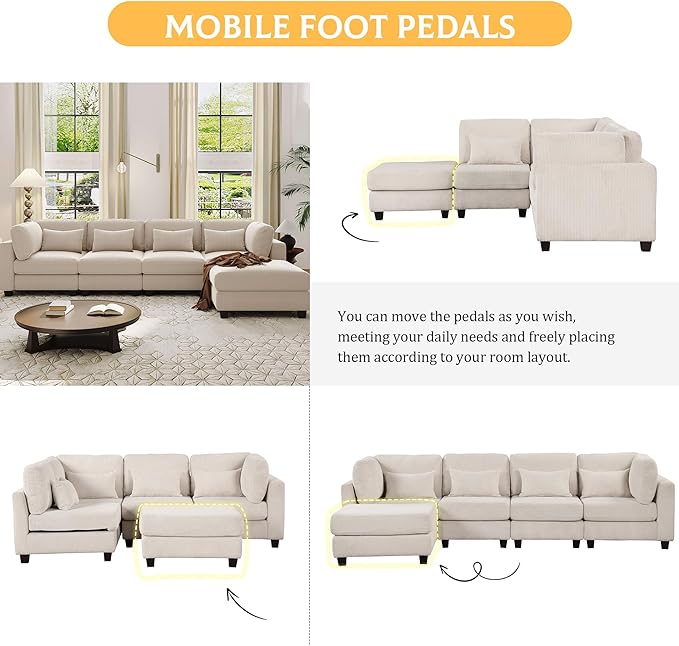 Removable comfortable Pieces Convertible Modular Sectional Movable Ottoman,Large L Shaped Corner Reversible Chaise and Waist Pillows, 5-Seat Oversized Cloud Sofas & Couches, Beige-C - LeafyLoom