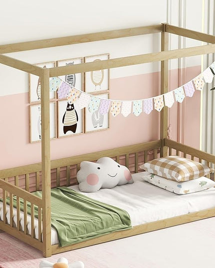 Twin Size Canopy Bed Frame with Guardrails for Kids,Floor Bed Twin with Four Poster Design,Kids Montessori Floor Bed,Wood Canopy Bed Frame for Girls,Boys(Twin,Natural) - LeafyLoom