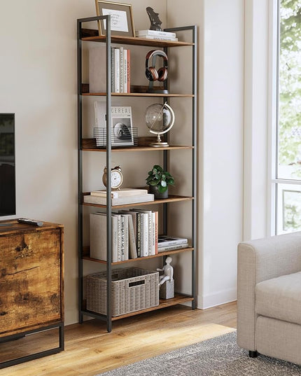6-Tier Bookshelf, Large Bookcase with Open Shelves, Tall Book Shelf Coner Shelf for Living Room, Bedroom, Home Office, Study, Bathroom,11.5 x 29.9 x 72.6 Inches, Rustic Brown and Black - LeafyLoom