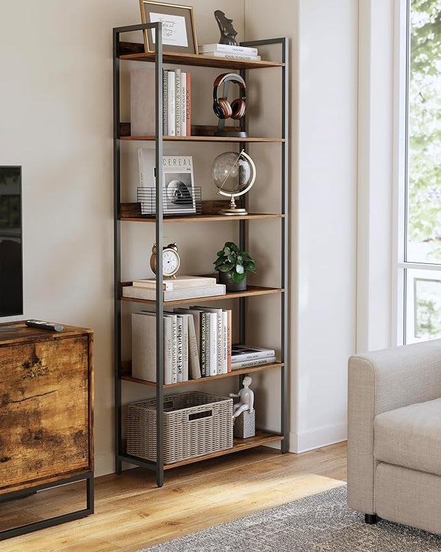 6-Tier Bookshelf, Large Bookcase with Open Shelves, Tall Book Shelf Coner Shelf for Living Room, Bedroom, Home Office, Study, Bathroom,11.5 x 29.9 x 72.6 Inches, Rustic Brown and Black - LeafyLoom