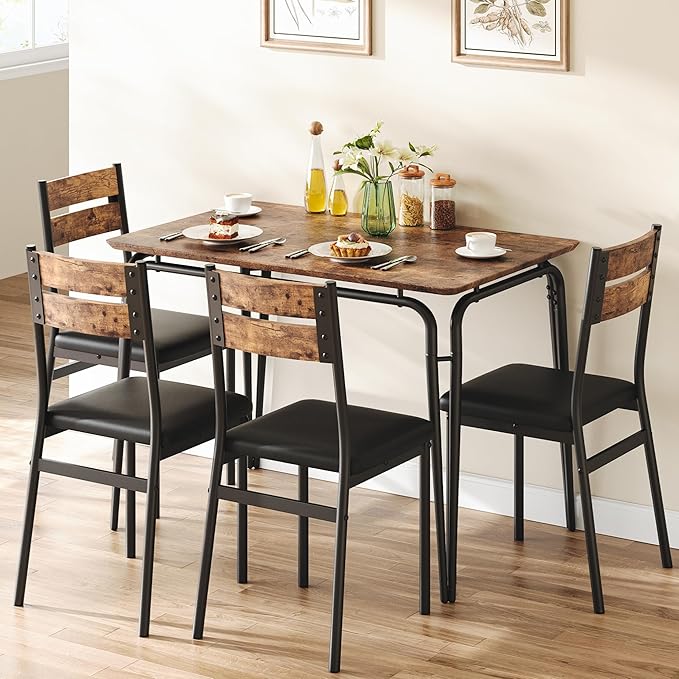 Dining Table for 4, Small Table and Chairs Set of 4, Square Dinette Set for 4, Dinner Table Set, 5 Piece Kitchen & Dining Room Sets for Small Space, Apartment (Vintage, Dining Table with 4 Chairs) - LeafyLoom