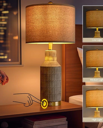 25" Modern 3-Way Dimmable Touch Control with USB A+C Ceramic Lamps Set of 2 Table Lamp for Living Room Bedroom Farmhouse Nightstand Bedside Lamps (White-Washed) - LeafyLoom