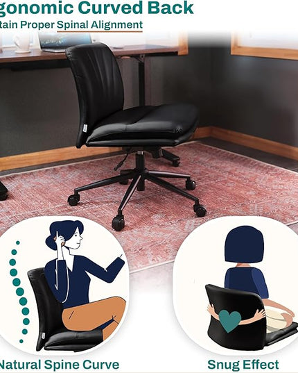 Criss Cross Chair with Wheels - Cross Legged Office Chair, Wide Armless Desk Chair Comfy Swivel Vanity Chair for Home Office, PU Leather - Black - LeafyLoom