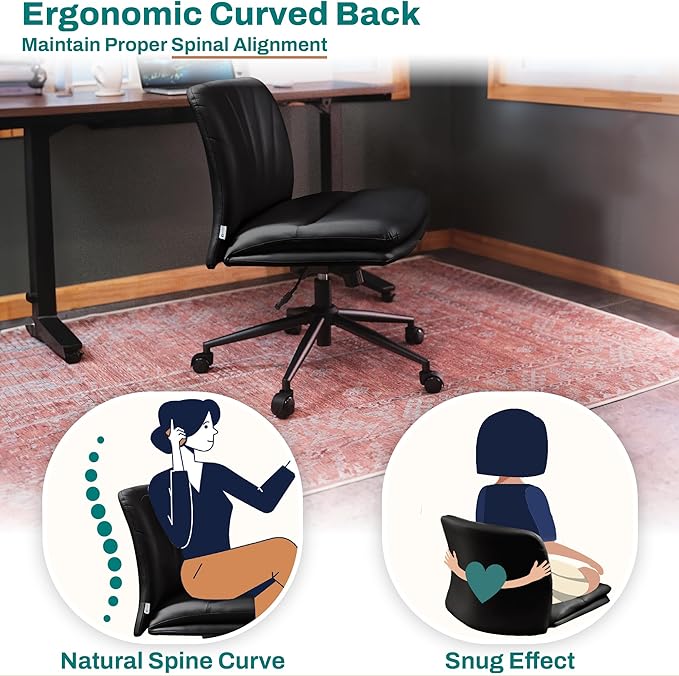 Criss Cross Chair with Wheels - Cross Legged Office Chair, Wide Armless Desk Chair Comfy Swivel Vanity Chair for Home Office, PU Leather - Black - LeafyLoom