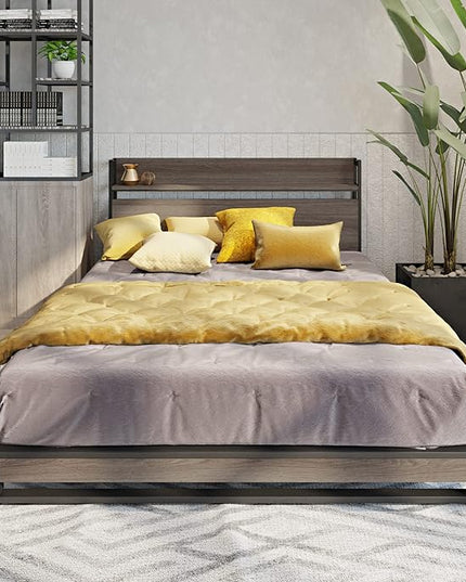 Queen Size Metal Platform Bed Frame with Wooden Headboard,Built-in Socket, Fast Assemble Design,No Box Spring Needed,Bedroom Furniture,Black - LeafyLoom