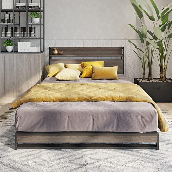 Queen Size Metal Platform Bed Frame with Wooden Headboard,Built-in Socket, Fast Assemble Design,No Box Spring Needed,Bedroom Furniture,Black - LeafyLoom