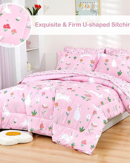 Mooreeke Bed in a Bag for Kids Girls Teens, 5 Pieces Twin Size Comforter Bed Set with Shams, Sheet Set, Rabbit Pink Super Soft Microfiber Kids Comforter Bedding Set - LeafyLoom