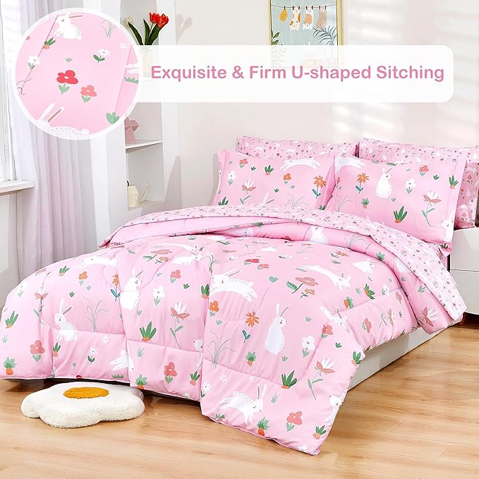 Mooreeke Bed in a Bag for Kids Girls Teens, 5 Pieces Twin Size Comforter Bed Set with Shams, Sheet Set, Rabbit Pink Super Soft Microfiber Kids Comforter Bedding Set - LeafyLoom
