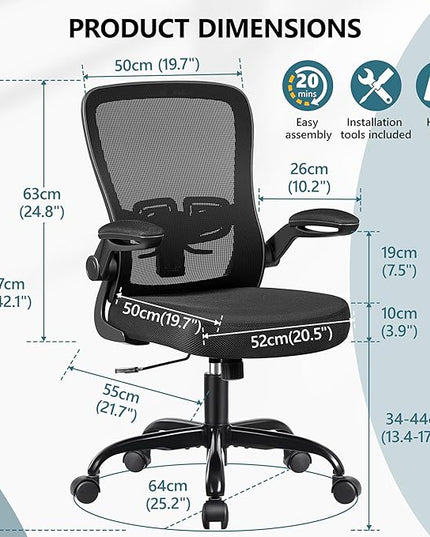 MINLOVE Office Chair Ergonomic Desk Chair with Adjustable Lumbar Support and Height, 90° Flip-up Armrests, Ergo Desk Chairs with Wheels, 360° Swivel Mesh Chair, Home Work Use (Black) - LeafyLoom