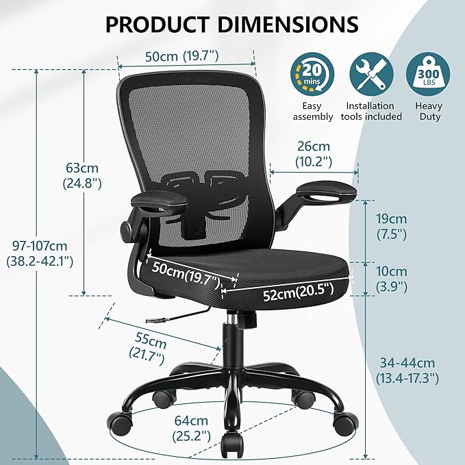 MINLOVE Office Chair Ergonomic Desk Chair with Adjustable Lumbar Support and Height, 90° Flip-up Armrests, Ergo Desk Chairs with Wheels, 360° Swivel Mesh Chair, Home Work Use (Black) - LeafyLoom