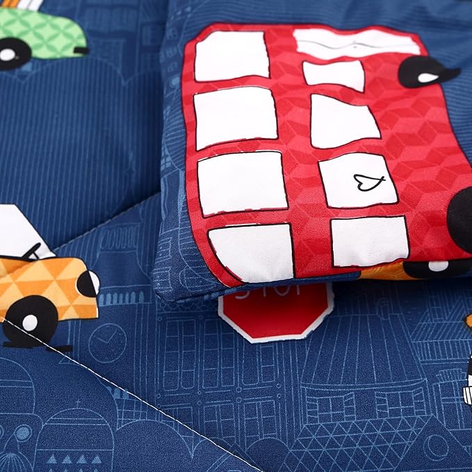 MAG 3Pcs Cartoon Car Bedding Comforter Set, Blue Cute Base Full/Queen Comforter Set,for Toddlers Kids,Boys Teens and Girls,Super Soft Microfiber, Full/Queen Size - LeafyLoom