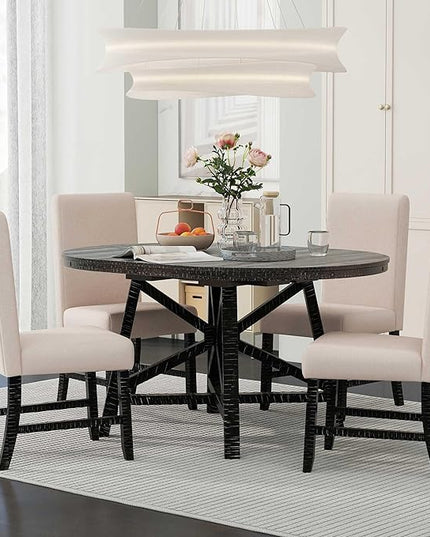 5-Piece Retro Style Dining Set with Extendable Round Table and 4 Upholstered Chairs for Kitchen, Living Room, Black, 42"-58" L x 42" W x 30" H - LeafyLoom