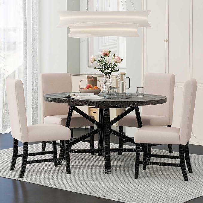5-Piece Retro Style Dining Set with Extendable Round Table and 4 Upholstered Chairs for Kitchen, Living Room, Black, 42"-58" L x 42" W x 30" H - LeafyLoom