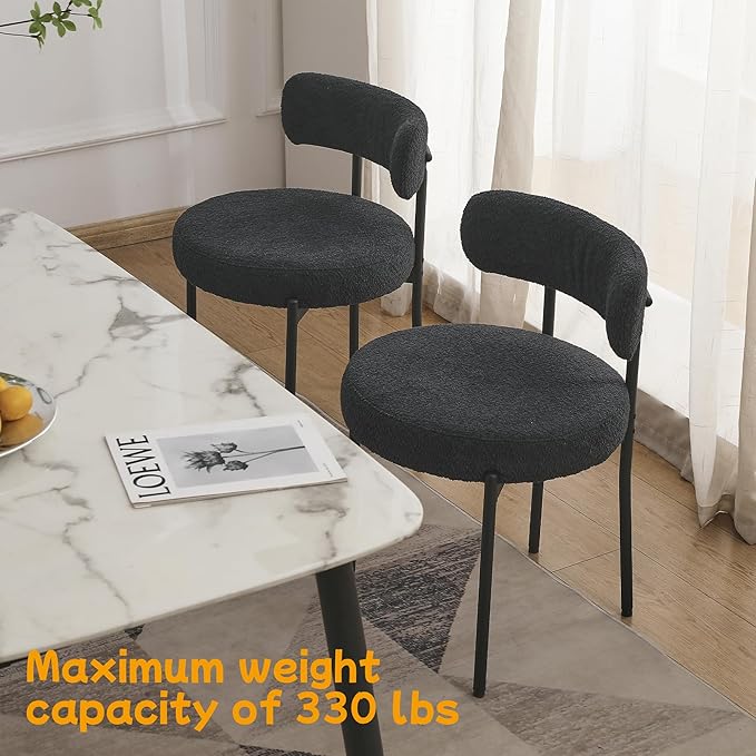EDWELL Black Dining Chairs Set of 6, Mid-Century Modern Dining Room Chairs with Thick Cushions, Round Upholstered Boucle Dining Chair with Metal Legs for Kitchen, Living Room, Kitchen Chairs - LeafyLoom