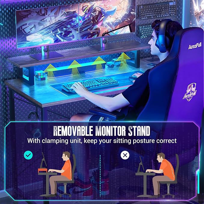 Homieasy L Shaped Gaming Desk with Power Outlet & LED Light, 47 Inch Computer Desk with Storage Shelves, Reversible Corner Desk with Monitor Stand Headset Hooks for Home Office, Rustic Brown - LeafyLoom