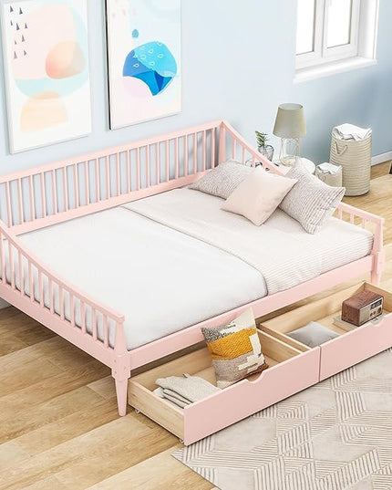 Full Size Daybed with Two Drawers,Solid Wood Storage Bed Frame W/Wooden Slat Support,Guide Rail Design on Three Sides,Easy to Assemble,for Bedroom Living Room,Pink - LeafyLoom
