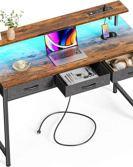 47 inch Computer Desk with 3 Drawers, Office Desk Gaming Desk with LED Lights & Power Outlets, Home Office Desks with Storage Space for Bedroom, Work from Home, Rustic Brown - LeafyLoom