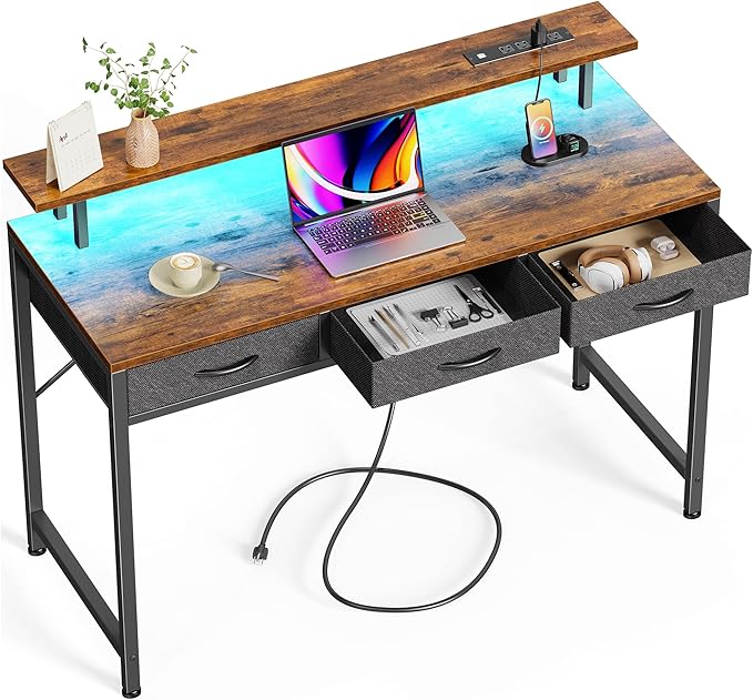 47 inch Computer Desk with 3 Drawers, Office Desk Gaming Desk with LED Lights & Power Outlets, Home Office Desks with Storage Space for Bedroom, Work from Home, Rustic Brown - LeafyLoom