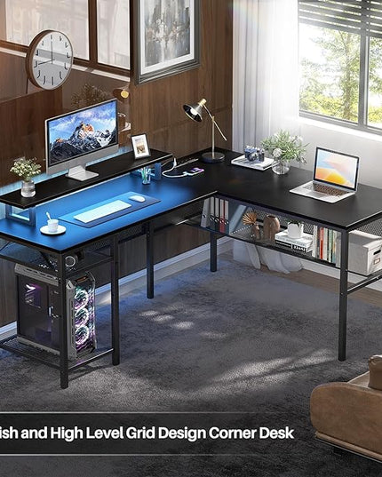 Reversible L Shaped Computer Desk with Magic Power Outlet and Smart LED Light, 55 Inch Large Office Corner Desk with Ergonomic Monitor Stand, Gaming Table with Storage, Grid Design, Black - LeafyLoom