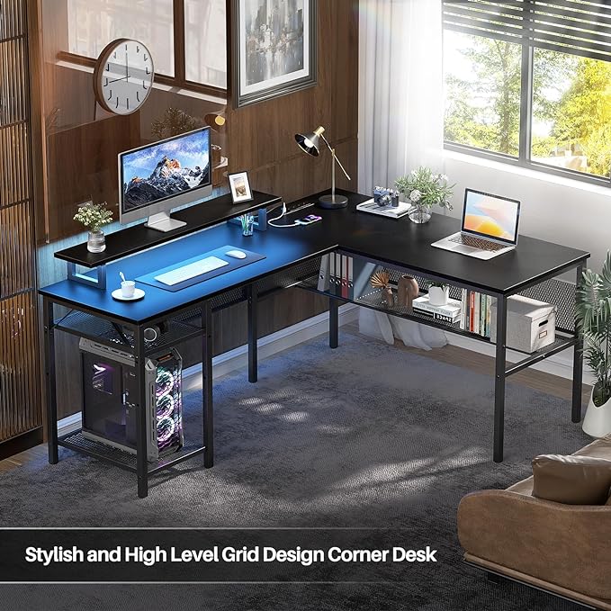 Reversible L Shaped Computer Desk with Magic Power Outlet and Smart LED Light, 55 Inch Large Office Corner Desk with Ergonomic Monitor Stand, Gaming Table with Storage, Grid Design, Black - LeafyLoom